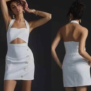 Anthropologie Mare Mare White Denim Halter Mini Dress XS Bridal Resort Coastal